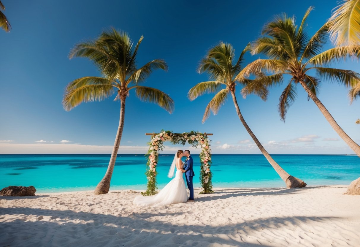 A beach wedding with a tropical setting, a clear blue sky, and a picturesque backdrop of palm trees and crystal-clear water
