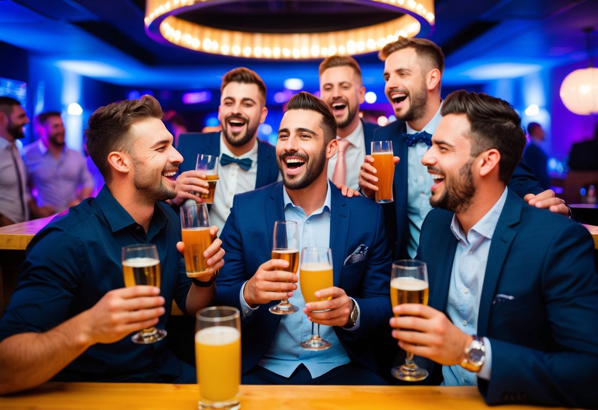 A group of men celebrating at a stag do, with drinks, music, and laughter in a lively bar or nightclub