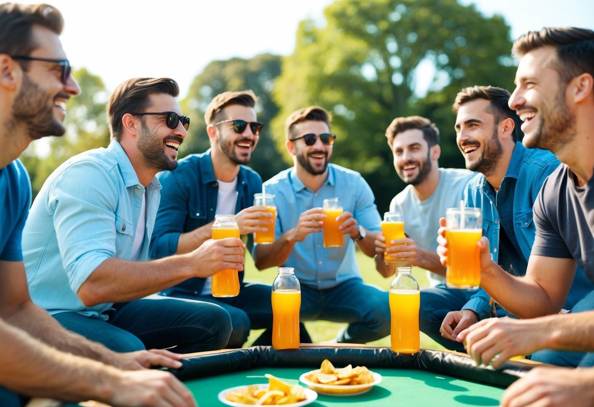 A group of men playing outdoor games, laughing and cheering, with drinks and snacks on a sunny day