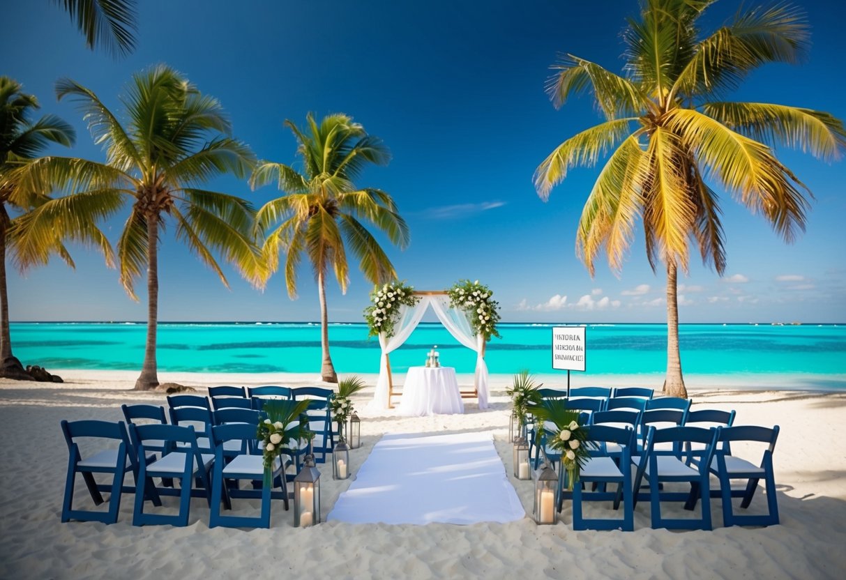 A tropical beach with a wedding set-up, surrounded by palm trees and crystal clear water. A sign reading "Wedding Insurance" stands nearby