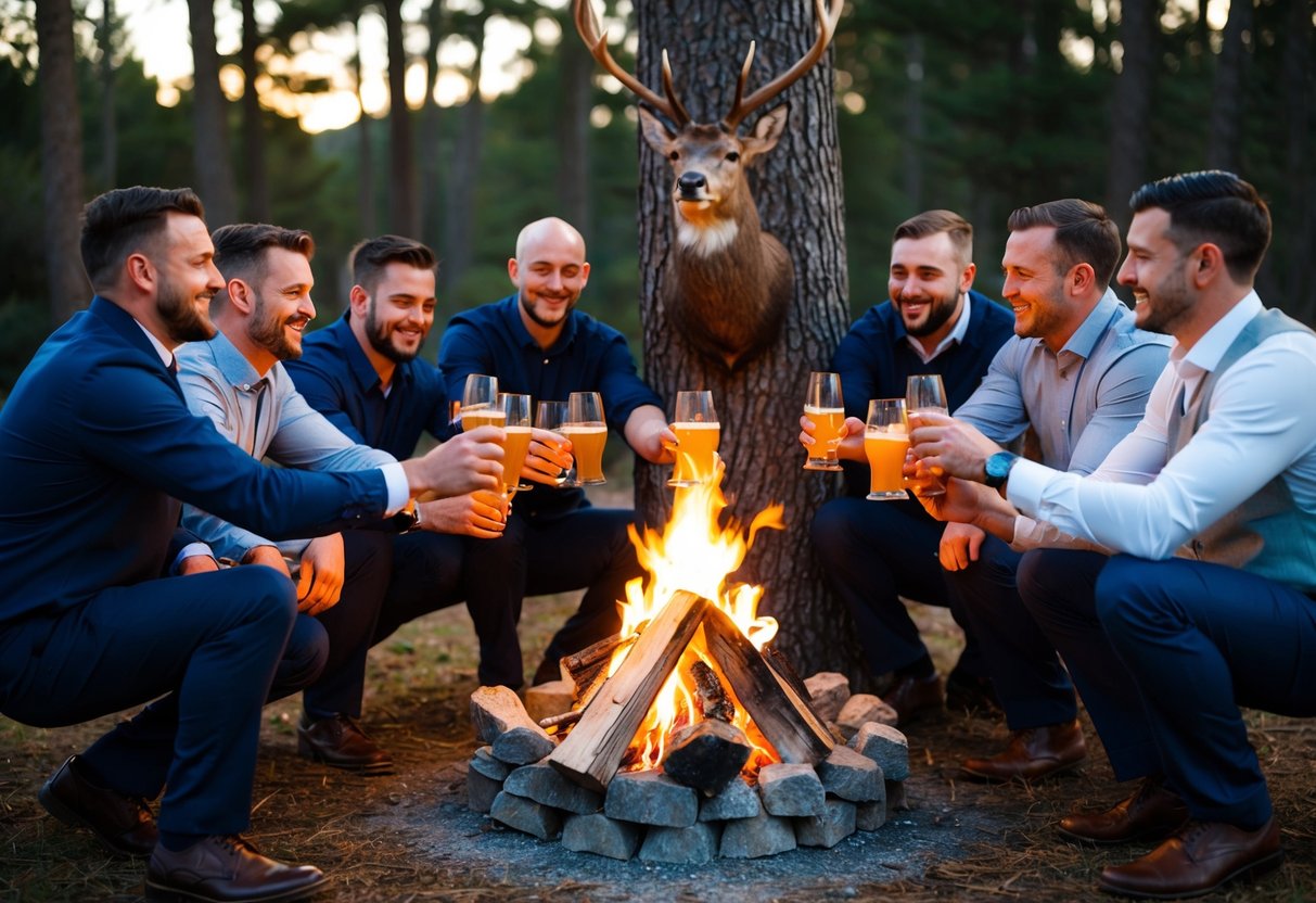 A group of men gather around a campfire, toasting drinks and sharing stories. A stag’s head is mounted on a tree, symbolizing the upcoming wedding
