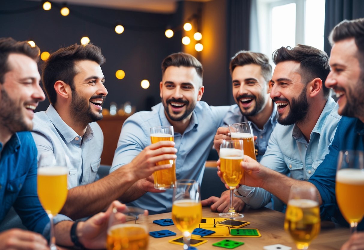 A group of men celebrate at a stag do with drinks, music, and laughter while playing games and sharing stories
