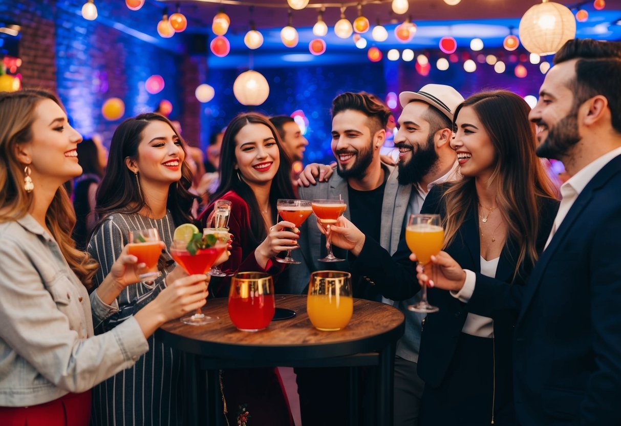A group of friends celebrating with drinks and music in a lively, decorated space