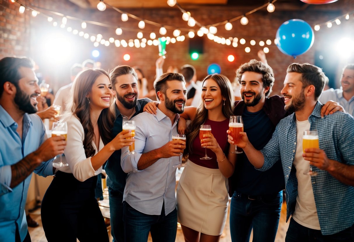 A group of friends celebrate with drinks and music at a lively bachelor party