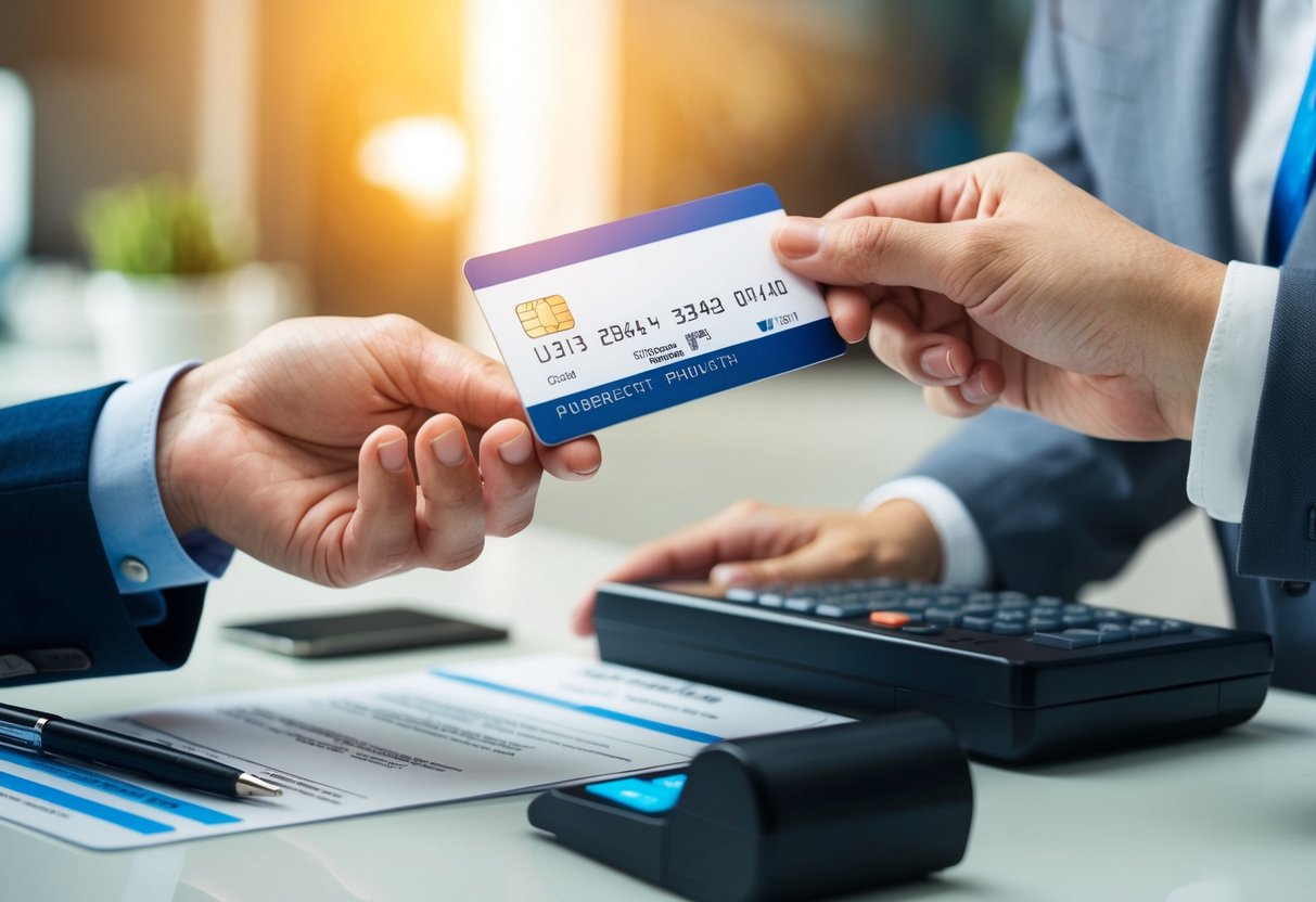 A credit card being handed over to a travel agent, with a plane ticket being printed out