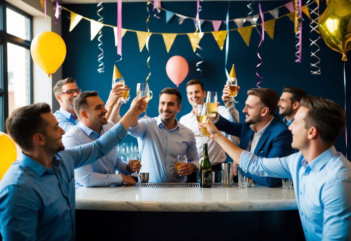 A group of men gather around a bar, raising their glasses in celebration. Streamers and balloons decorate the room, adding to the festive atmosphere