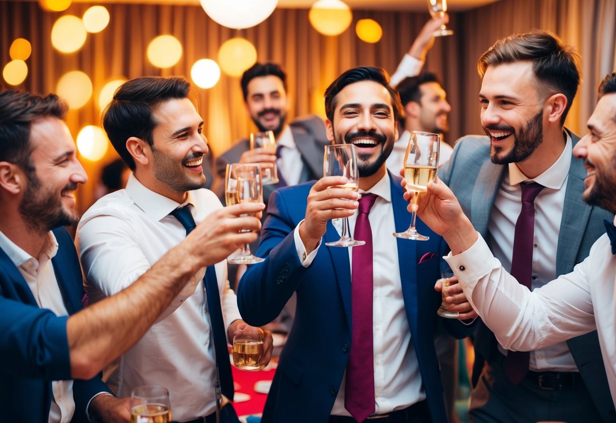 A group of men celebrate at a lively bachelor party, clinking glasses and laughing together. The night before the wedding, they enjoy music and games in a festive atmosphere