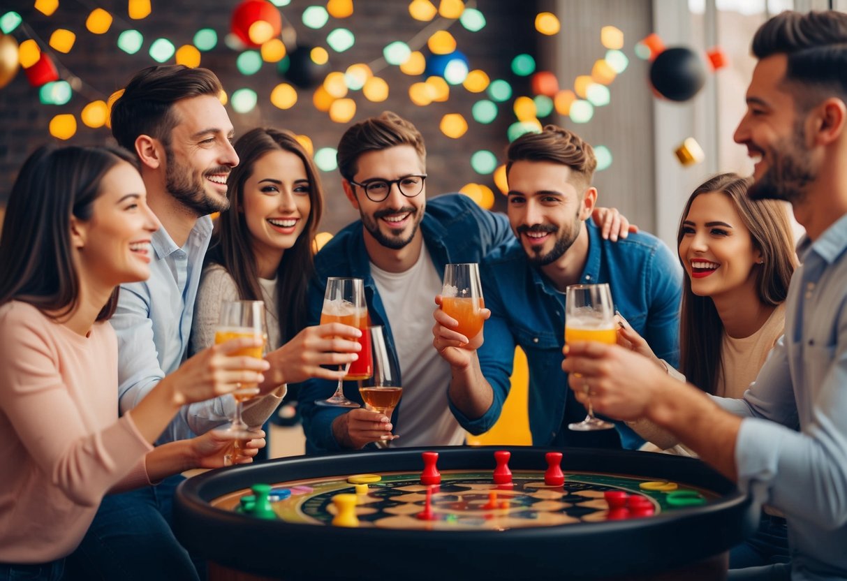 A group of friends celebrating with drinks and games in a lively, festive atmosphere