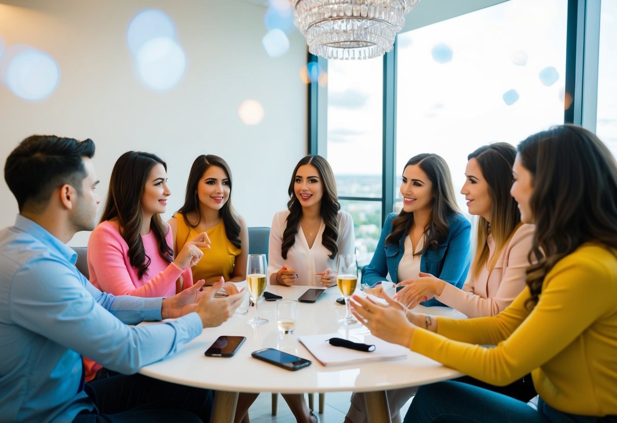 A group of friends sitting around a table, discussing and debating who will cover the cost of the bride's flight for the bachelorette party