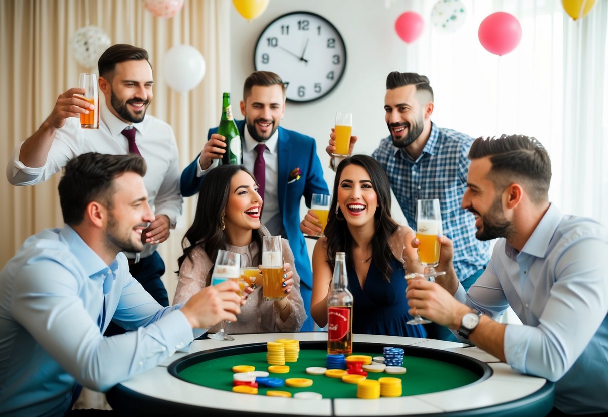 A group of friends celebrating with drinks and games at a bachelor party, with wedding-related decorations and a countdown clock in the background