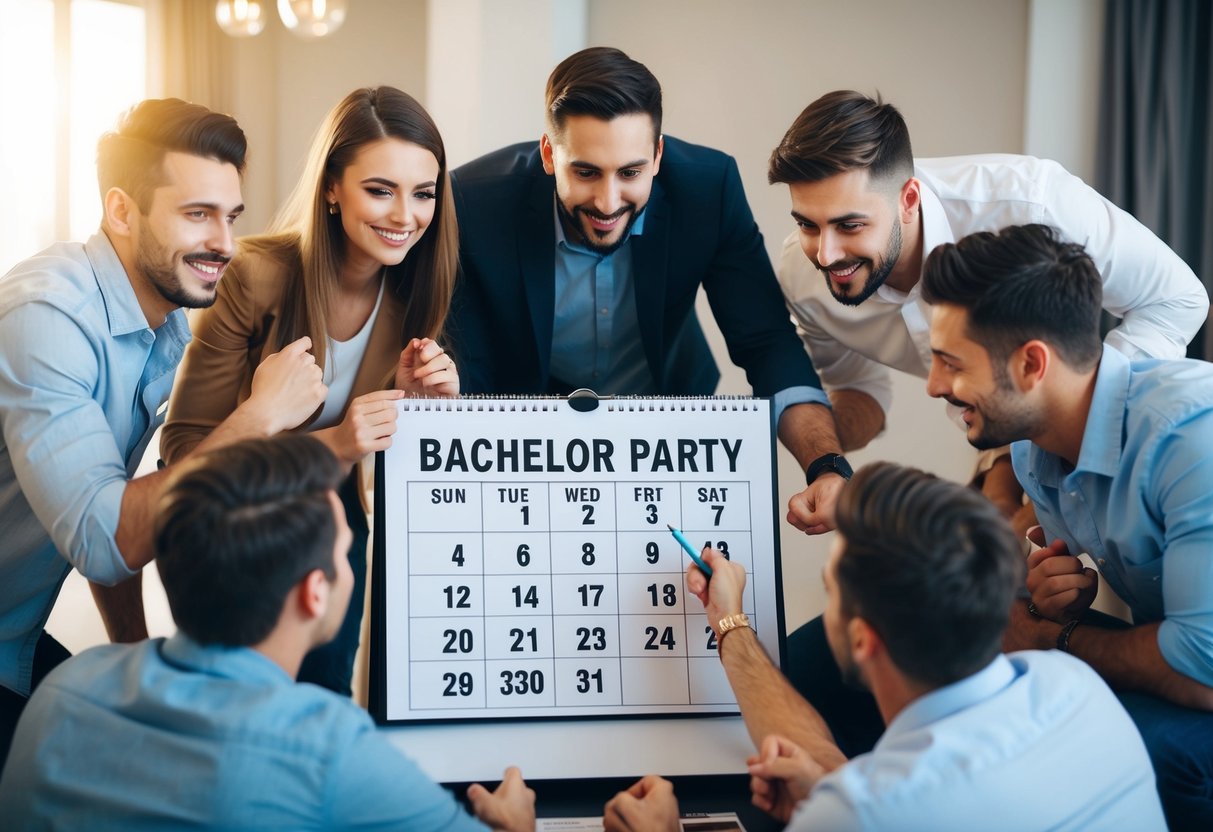 A group of friends gather around a calendar, discussing and deciding on the date for the bachelor party, with excitement and anticipation in the air