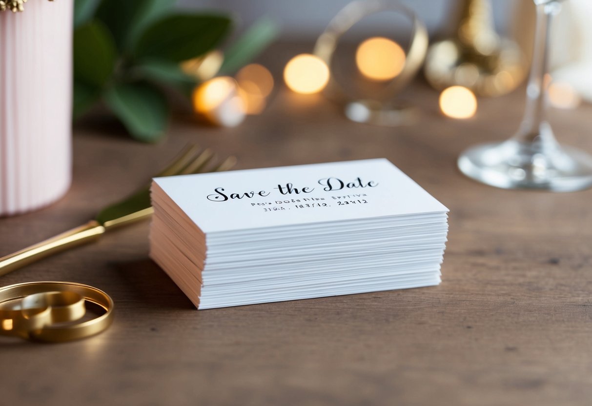A stack of elegant save the date cards with blank spaces for names and dates