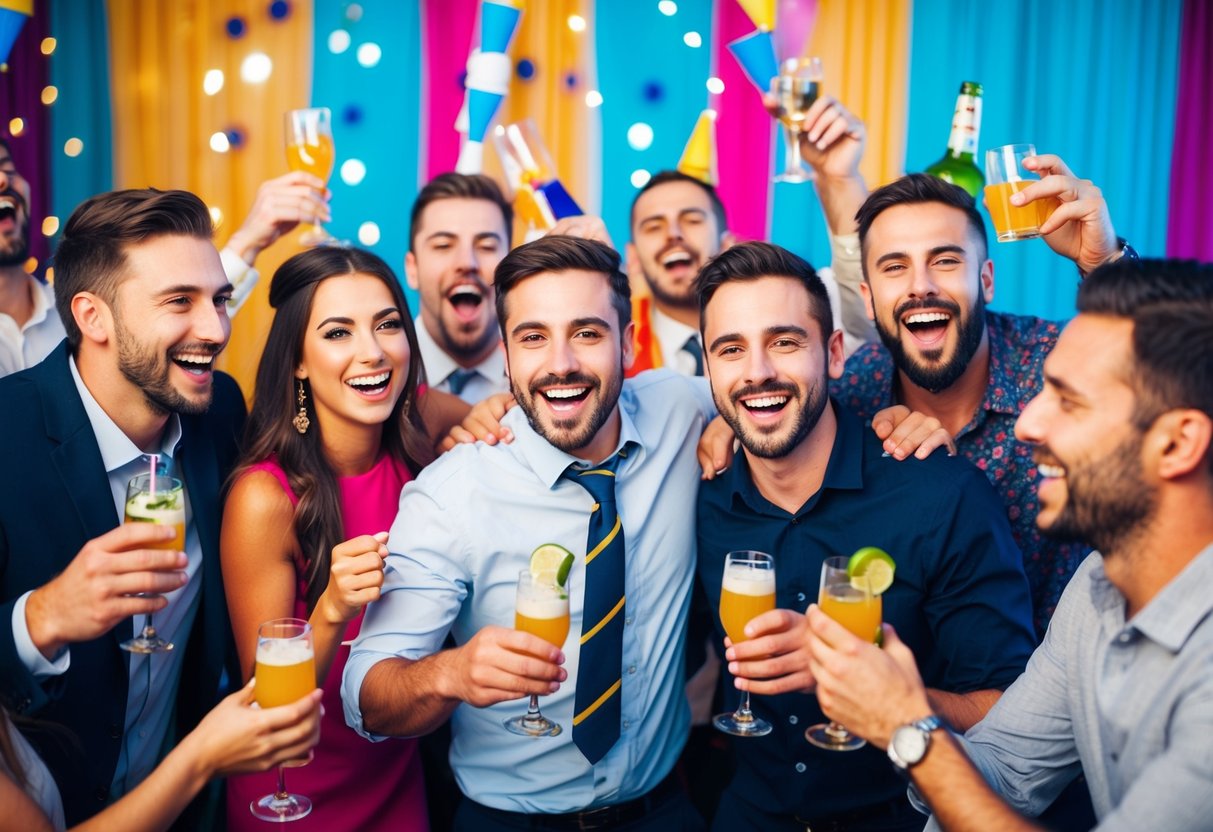 A group of friends celebrate at a lively bachelor party, with decorations and drinks, creating a festive and memorable atmosphere