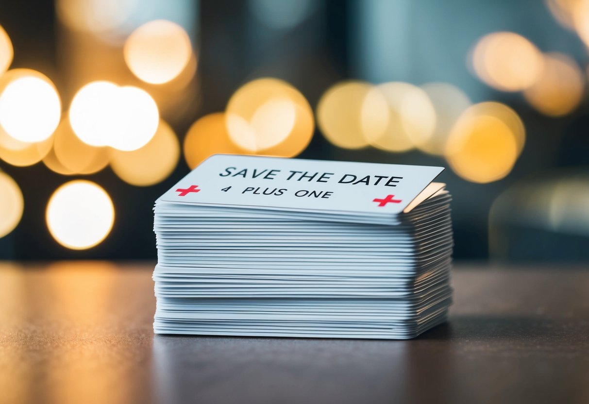 A stack of save the date cards with plus one options highlighted