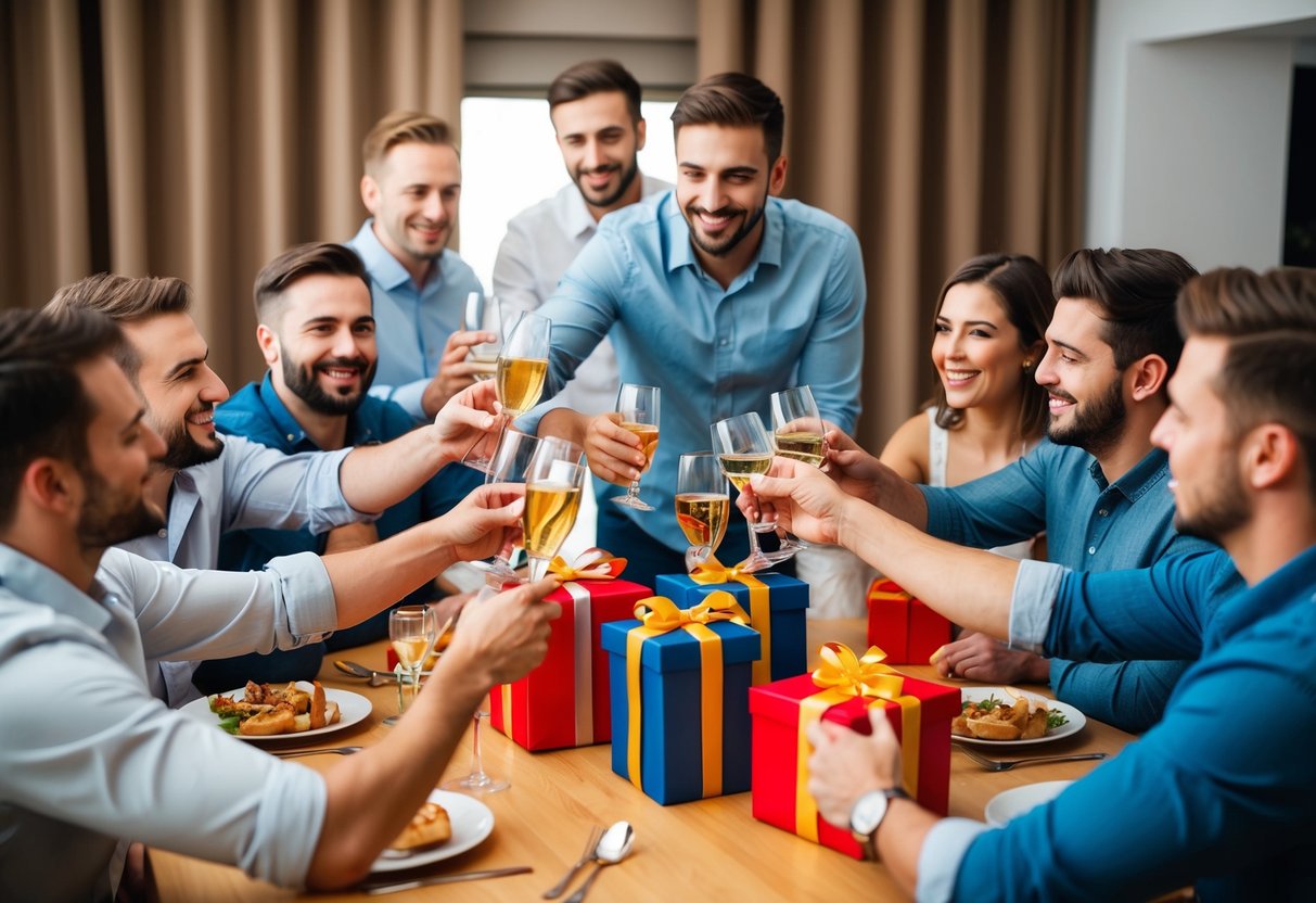 A group of friends gathered around a table, clinking glasses and exchanging gifts at a bachelor party