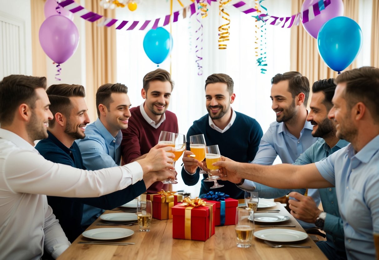 A group of men gathered around a table, toasting with drinks and exchanging gifts. Streamers and balloons decorate the room, creating a festive atmosphere