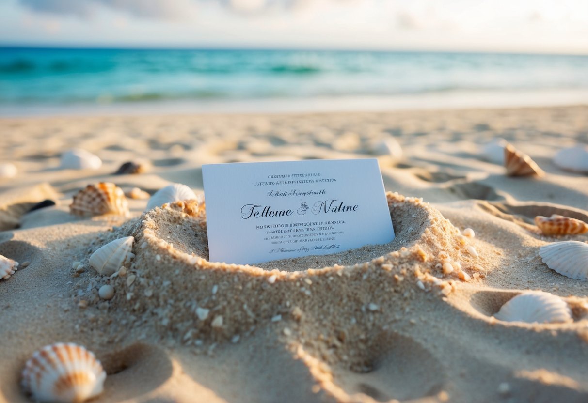 A tropical beach with a wedding invitation nestled in the sand, surrounded by seashells and footprints leading towards the ocean