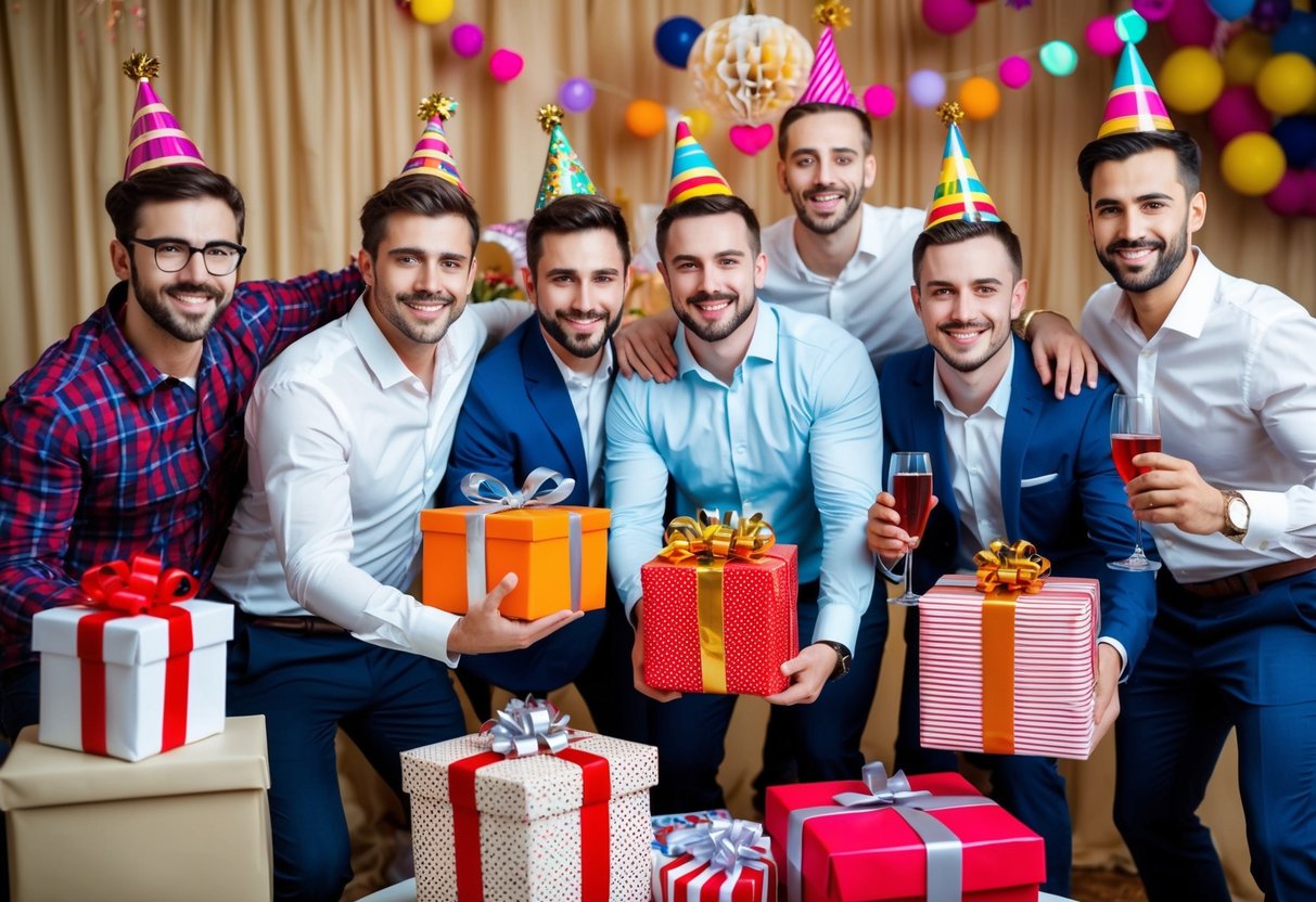 A group of guys at a bachelor party, surrounded by gifts and party decorations, with a festive and celebratory atmosphere