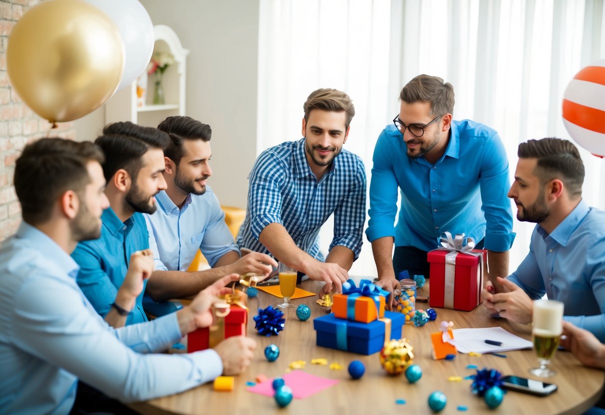 A group of men discussing and planning a bachelor party, with gift ideas and decorations scattered around the table