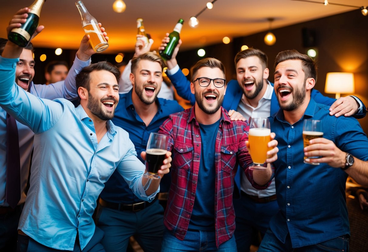 A group of men celebrating at a rowdy stag party, with drinks, laughter, and a sense of mischief in the air