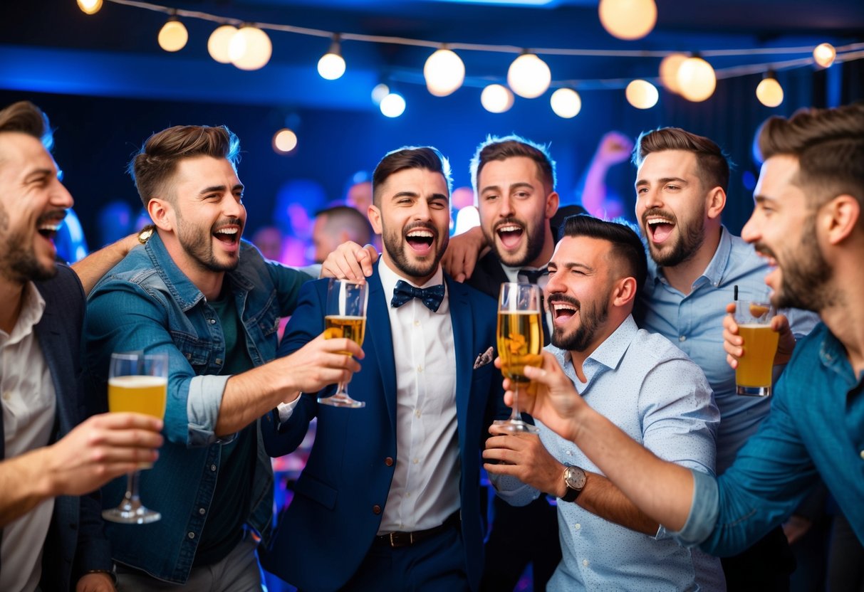 A group of men celebrating at a rowdy stag do, with drinks, laughter, and questionable behavior