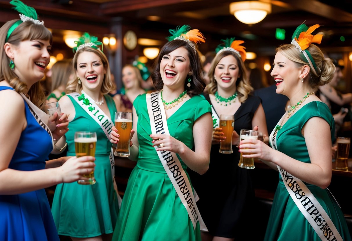 A group of women in fancy dresses and sashes, laughing and dancing with drinks in hand at a lively Irish pub