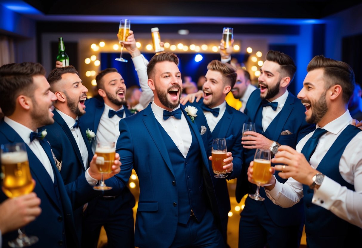 A group of men in formal attire celebrating at a rowdy stag do, with drinks and suggestive entertainment