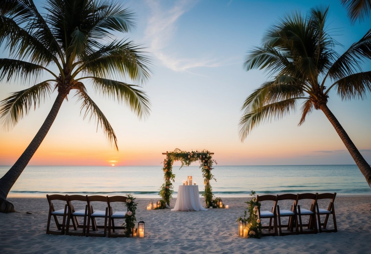A serene beach with a colorful sunset, a small intimate wedding set-up, and a gentle breeze rustling through the palm trees