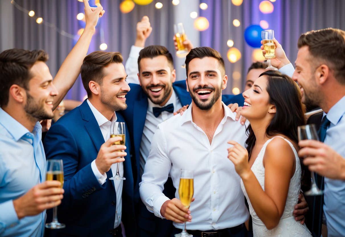 A group of men celebrating at a bachelor party, one man sneaking away to flirt with a woman