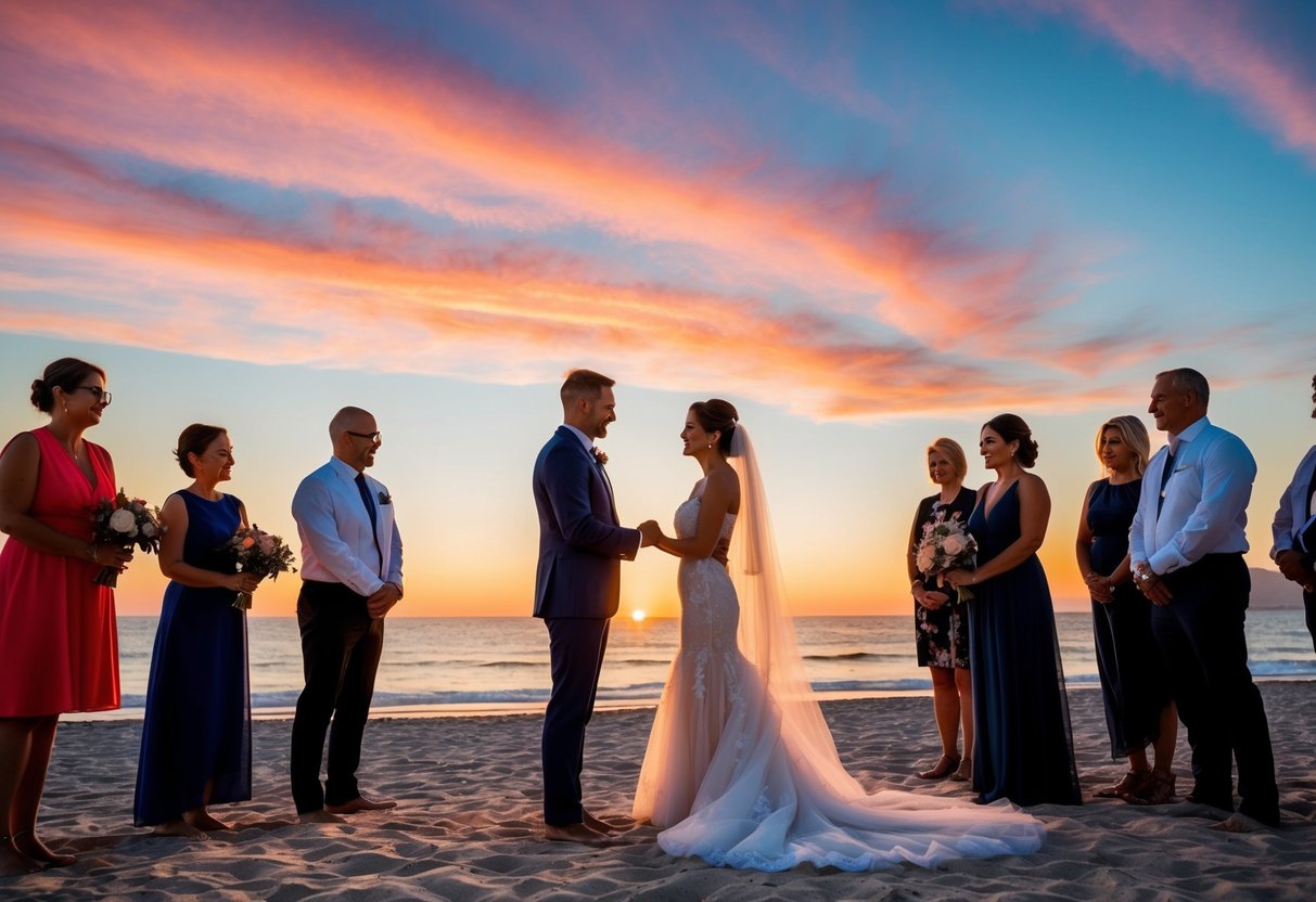 A couple standing on a beach, surrounded by family and friends, exchanging vows under a vibrant sunset