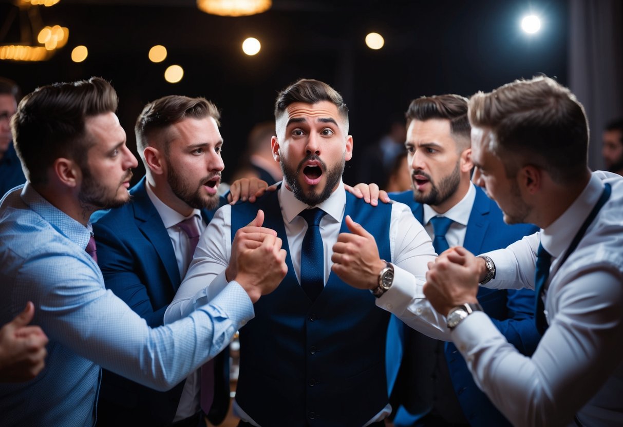 A group of men at a stag do, some looking tempted while others intervene, creating a tense and dramatic atmosphere