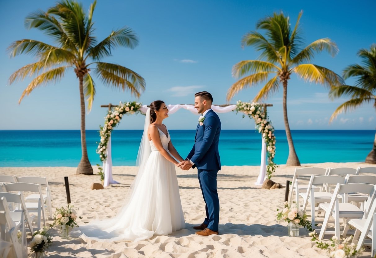 A couple stands on a sandy beach, surrounded by palm trees and a clear blue ocean. They hold hands and gaze lovingly at each other, with a wedding arch and chairs set up nearby for a destination wedding