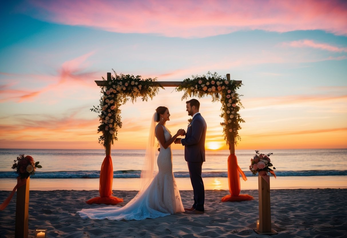 A beach wedding with a couple exchanging vows under a colorful sunset
