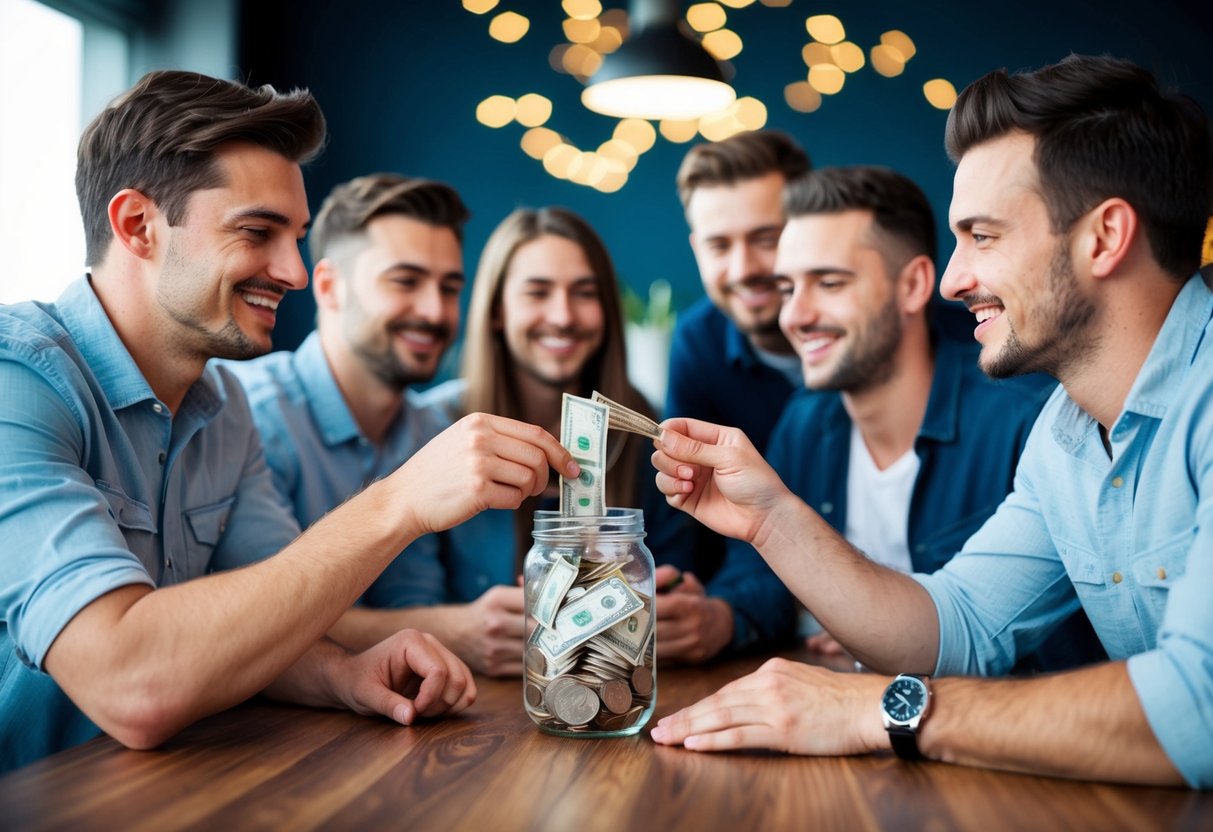 A group of friends pooling money into a jar for a stag do