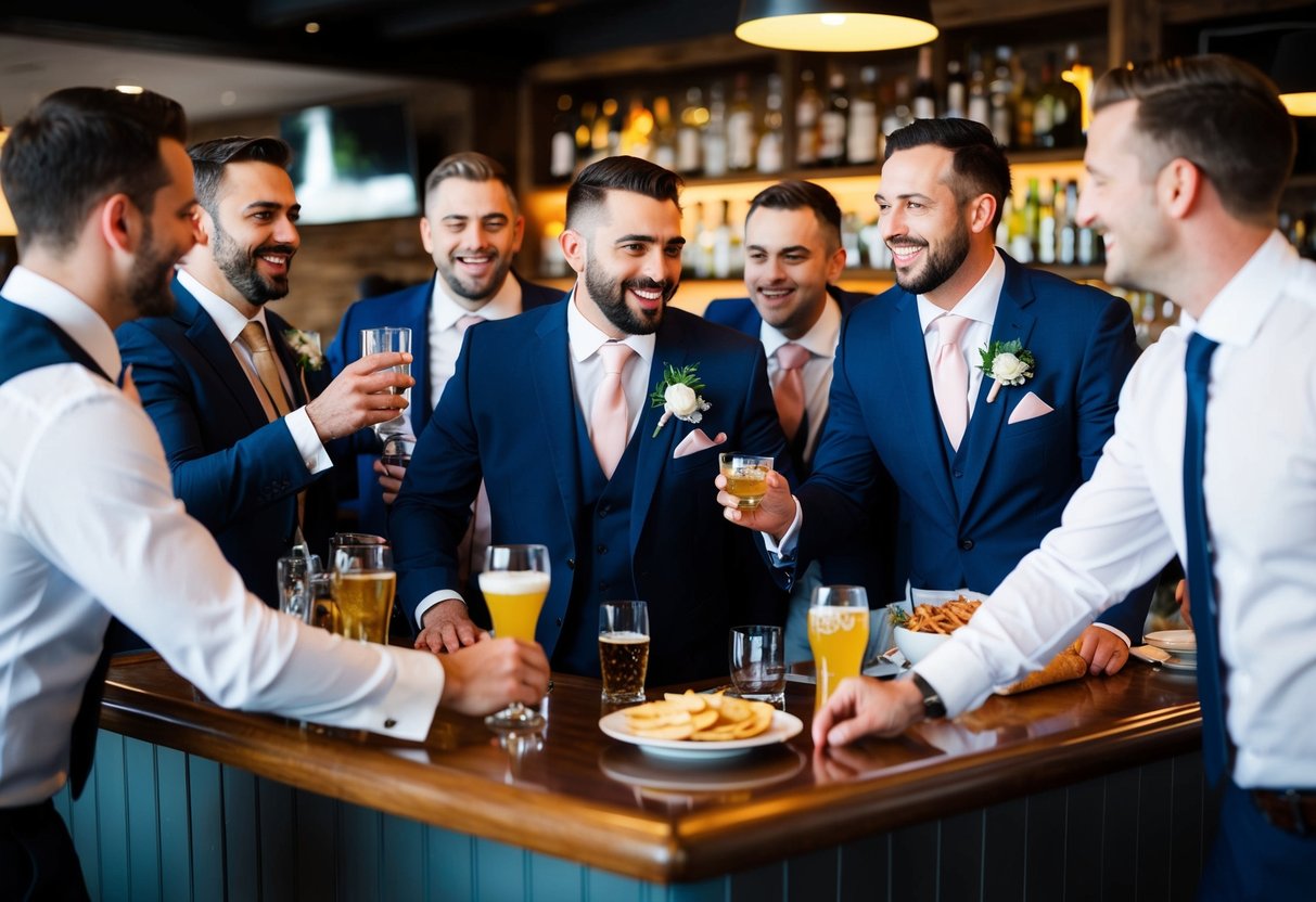 A group of men celebrating at a bar, with the best man picking up the tab for drinks and snacks