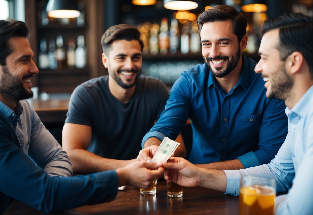 A group of men at a bar, one man handing over cash to another with drinks and laughter in the background