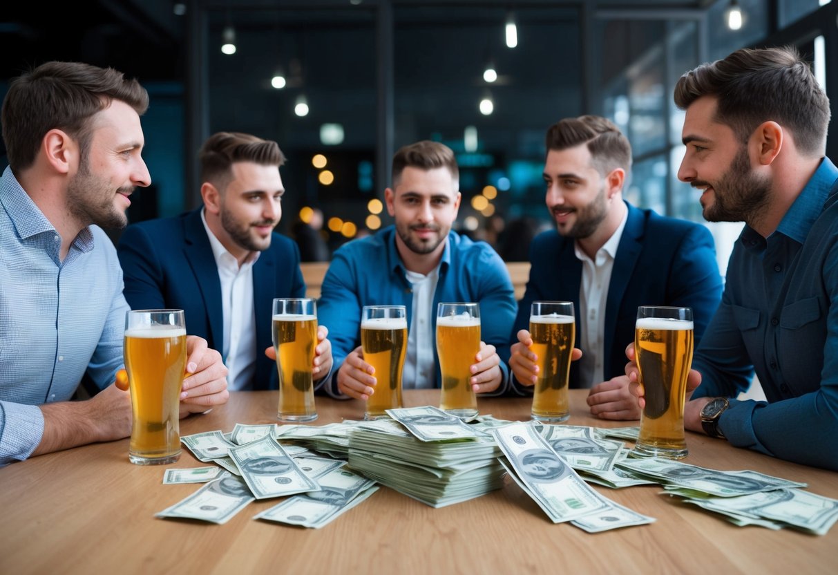 A group of men sitting around a table, each holding a beer and discussing the costs of a stag do. A pile of cash and a stack of receipts are spread out in front of them