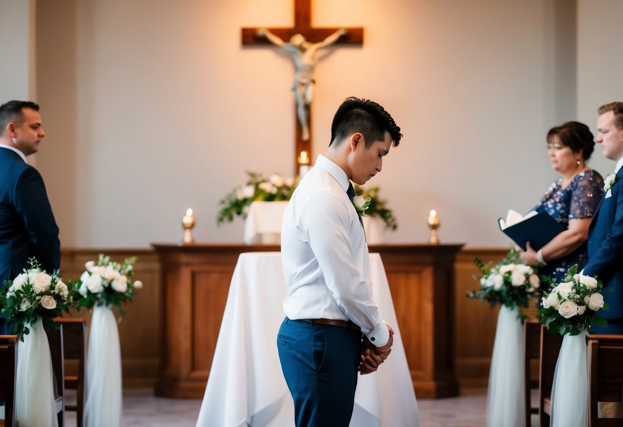 A person standing alone at a wedding altar, looking hesitant and uncomfortable