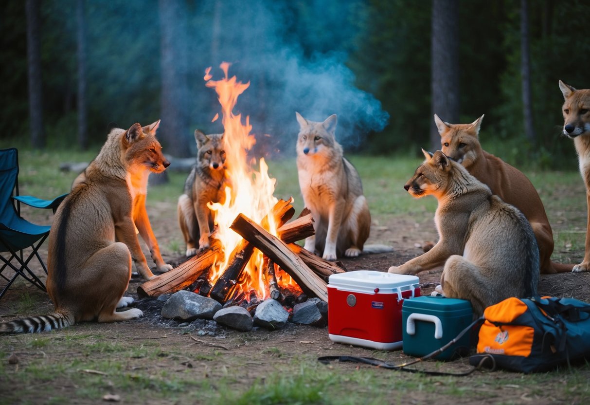 A group of male animals gathering around a bonfire in a forest clearing, with a cooler of drinks and camping gear nearby