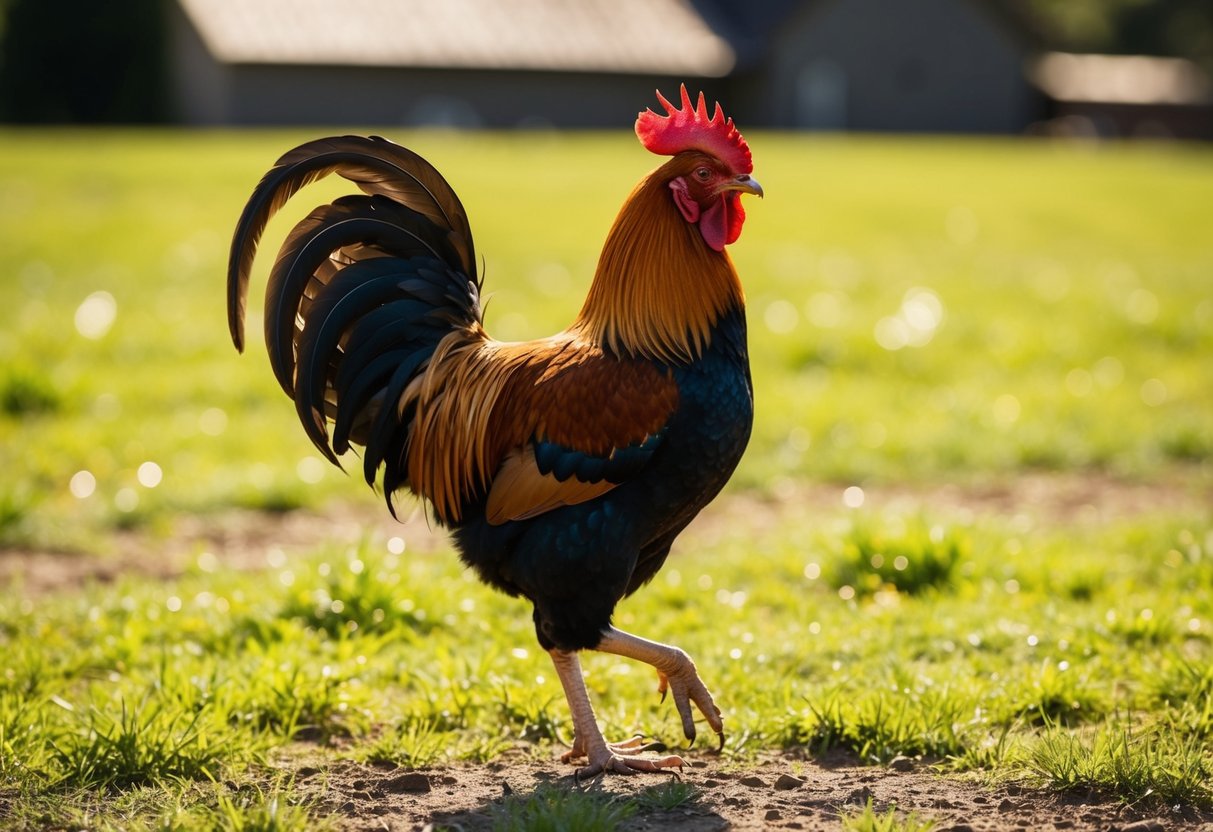 A rooster struts proudly in a farmyard, its colorful feathers shimmering in the sunlight