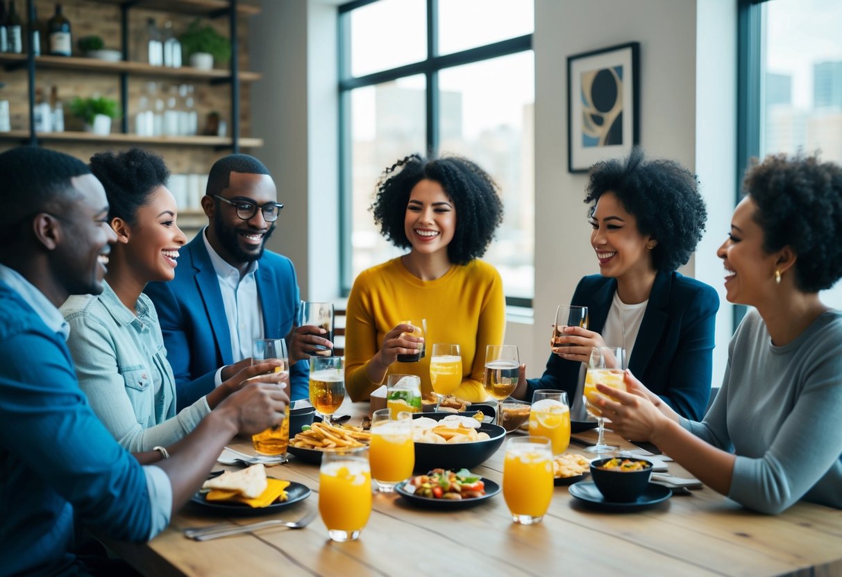 A group of diverse individuals gathered around a table with drinks and snacks, engaged in lively conversation and laughter