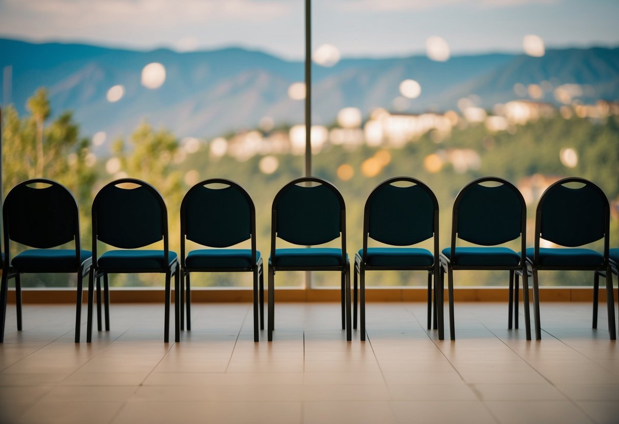 A group of empty chairs arranged in front of a scenic backdrop, with a few chairs noticeably unoccupied