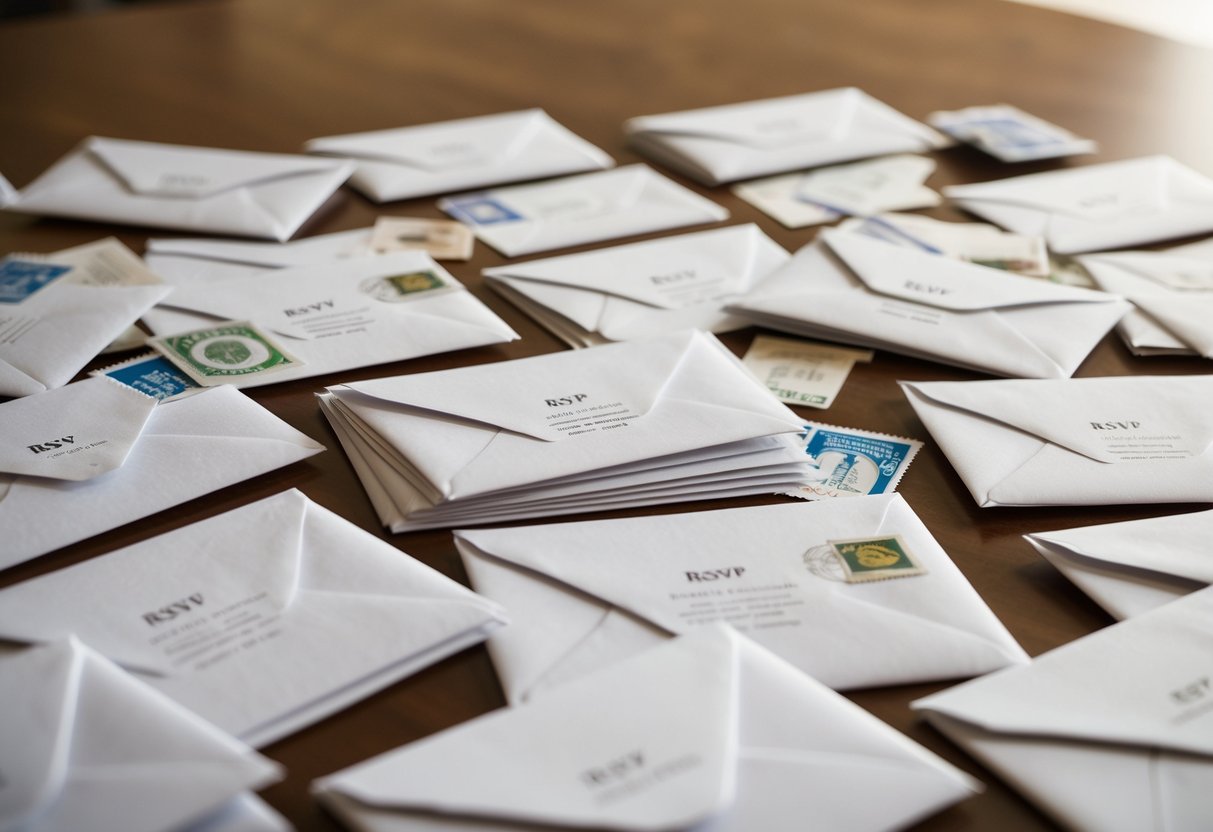 A group of unopened RSVP envelopes scattered on a table, some with stamps still attached