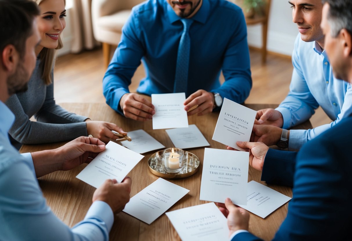 A group of people receiving invitation cards for a destination wedding, discussing and weighing factors such as cost, distance, and scheduling conflicts
