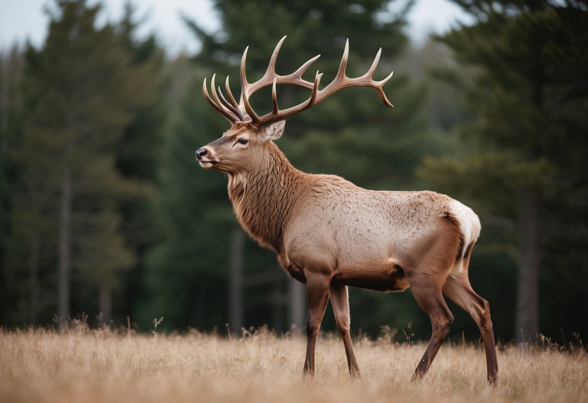 A majestic stag stands proudly in a forest clearing, its powerful antlers reaching towards the sky