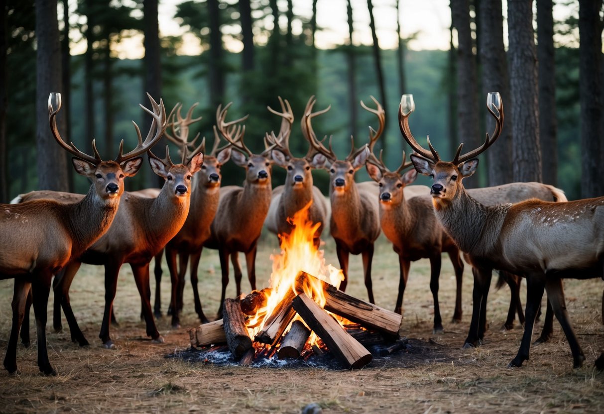 A group of ten stags gathered around a bonfire in a forest clearing, raising their glasses in celebration