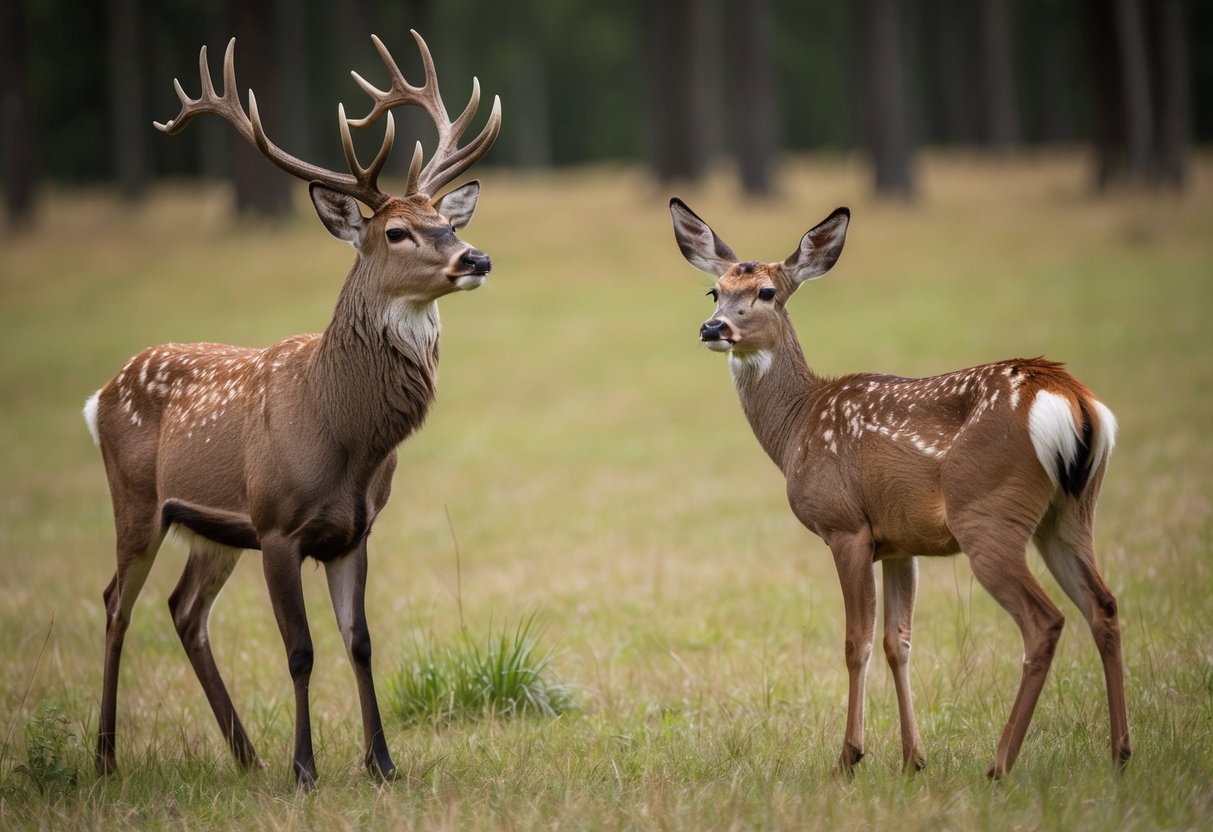 A stag and a doe standing in a forest clearing, the stag's antlers towering above the doe's head