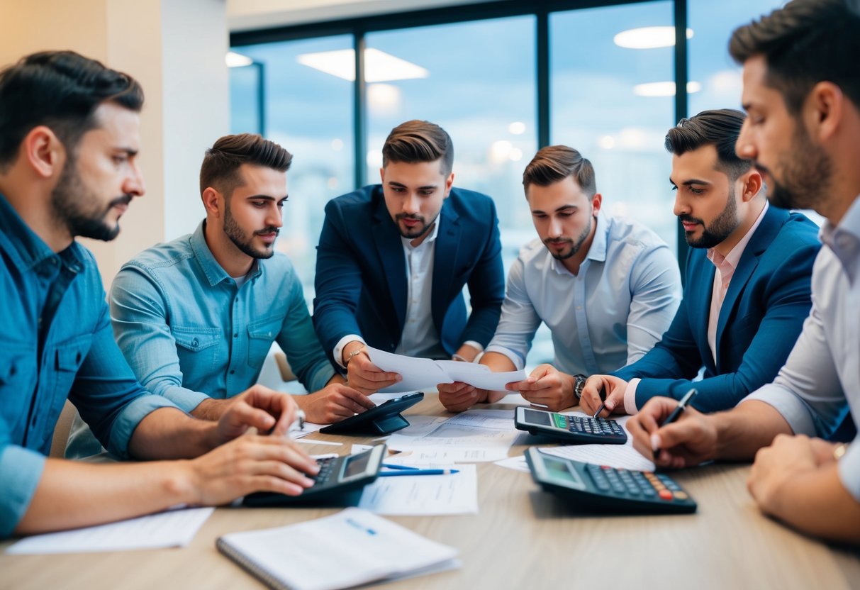 A group of men discussing and planning a stag do budget at a table with calculators and notes spread out