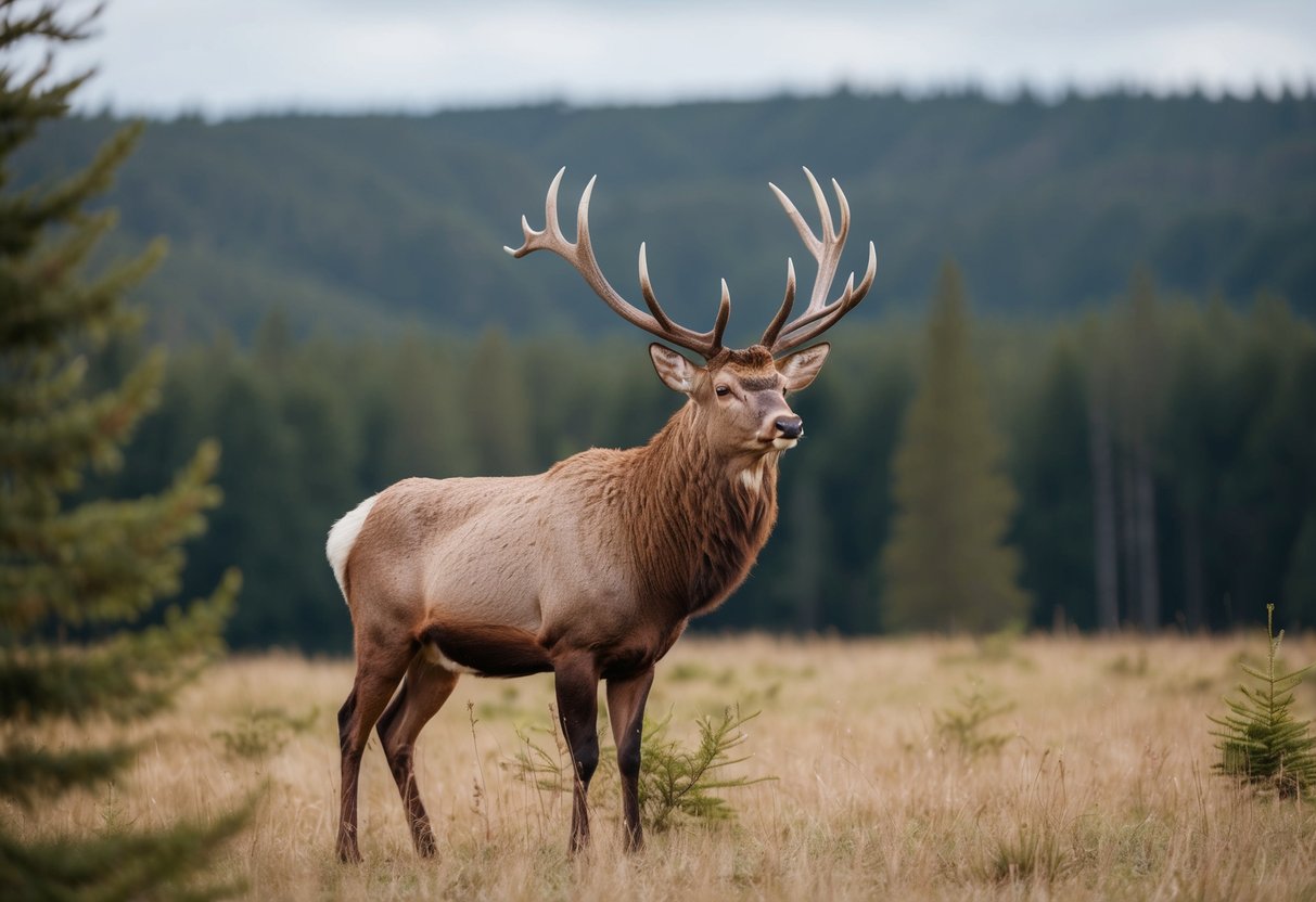 A majestic stag stands proudly in a forest clearing, its antlers reaching towards the sky as it surveys its surroundings with a regal demeanor