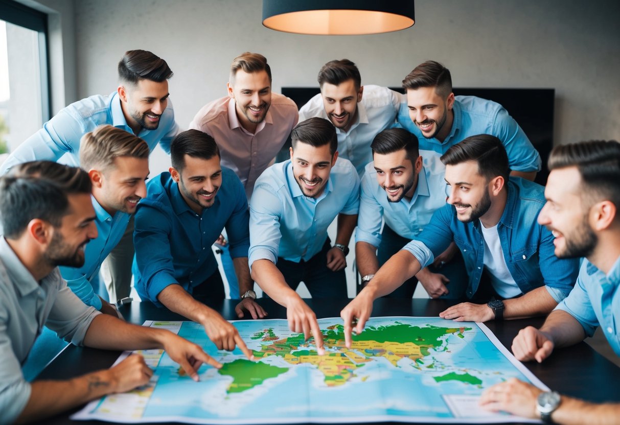 A group of 8 men gathered around a map, pointing and discussing various destinations for a stag do. They are all excited and animated in their conversation